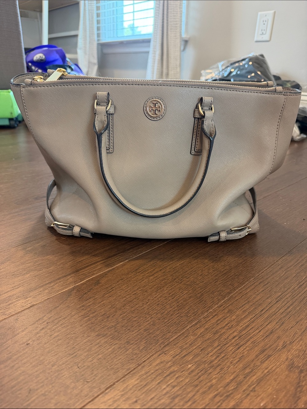 Tory Burch Robinson Tote French Grey Crossbody Bag Shoulder Strap Double Zip